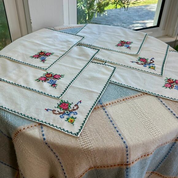 Vintage Linen Napkins – 10” Square with Cross-Stitch Floral Design set of 6 - Picture 7 of 13